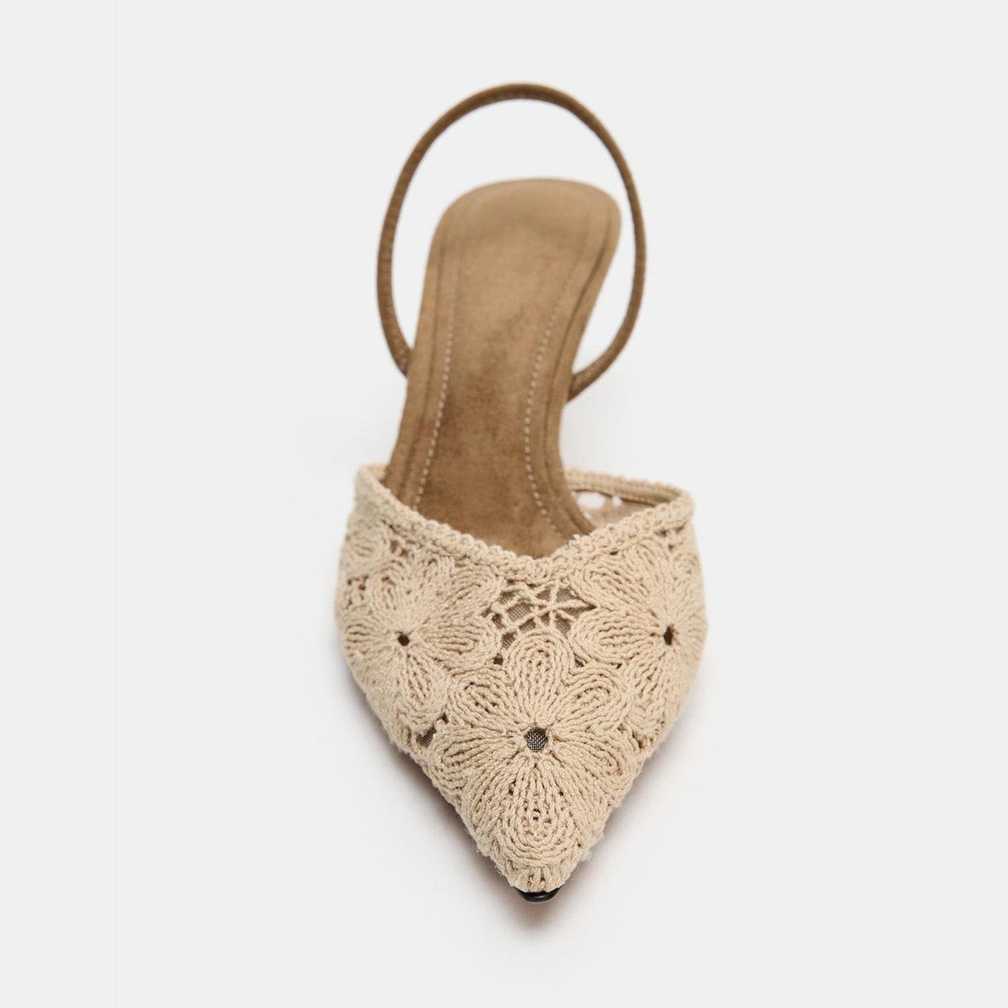Beige Wool Weaving Pointed-Toe Flowers Pattern Slingback Kitten Heels