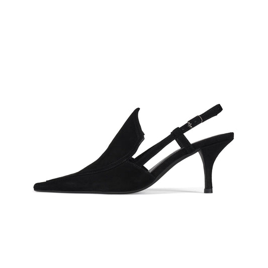 Black Faux Suede Pointed-Toe Slingback Kitten Heels