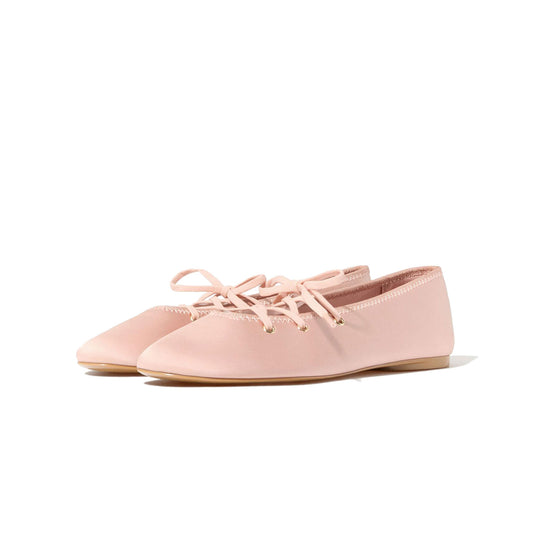 Blush Pink Satin Round-Toe Lace-Up Chic Ballet Flats