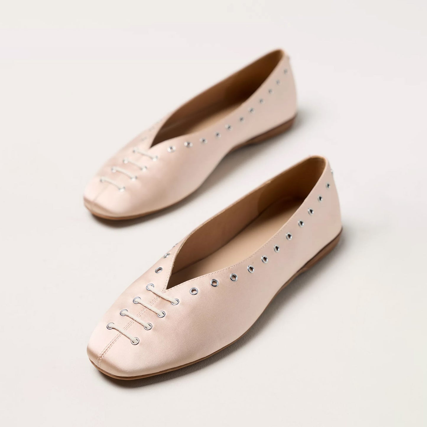 Pink Satin Square-Toe Grommet Lace-Up Ballet Flats