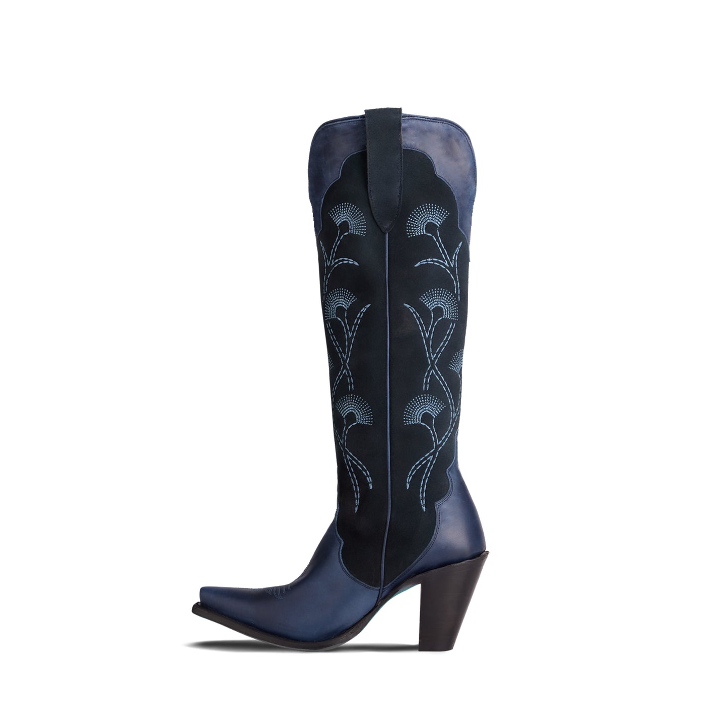 Navy Contrast Faux Suede And Vegan Leather Snip-Toe Floral Embroidery Half-Zip Knee High Cowgirl Boots