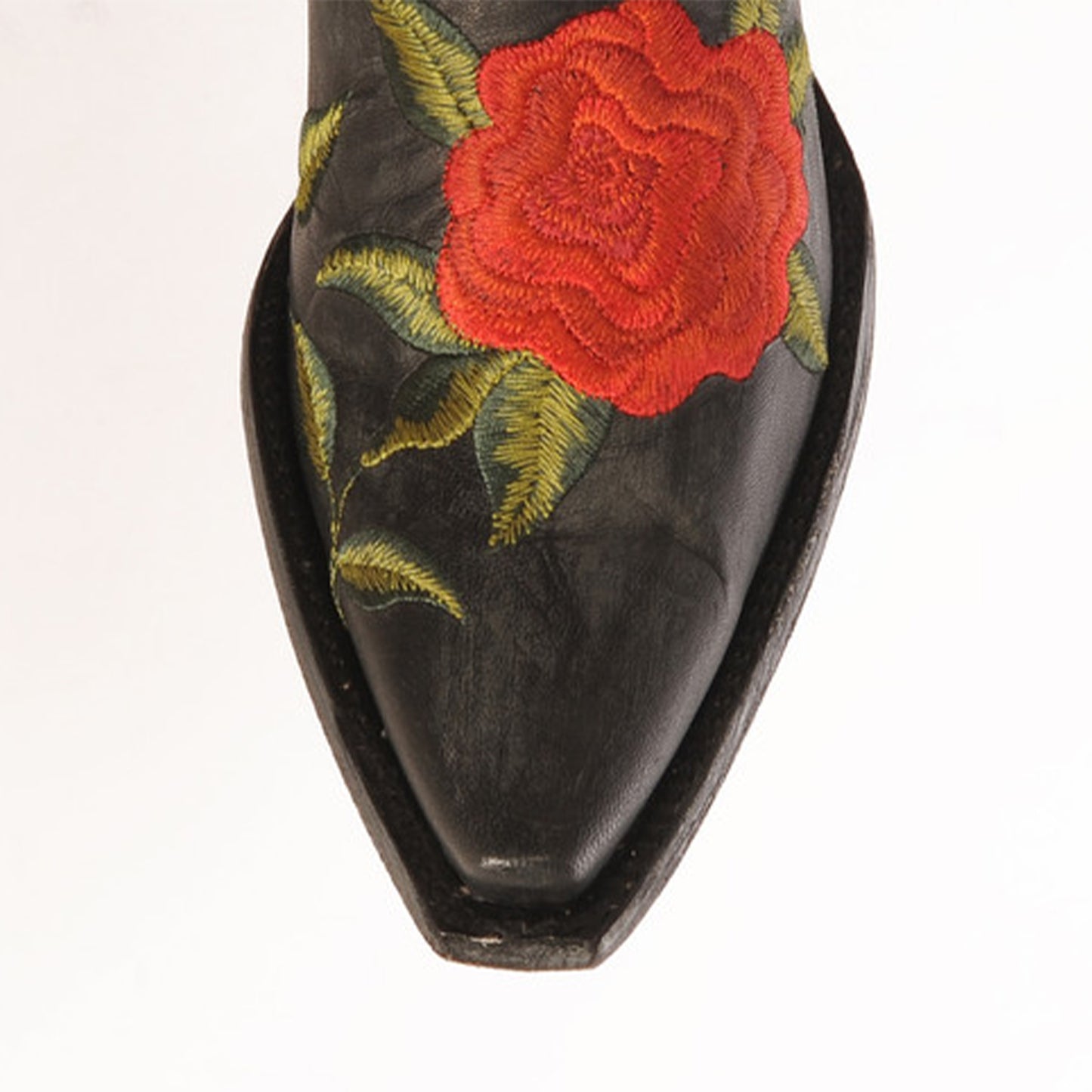 Black Snip-Toe Big Red Florals Embroidery Full-Zip Mid Calf Classic Cowgirl Boots