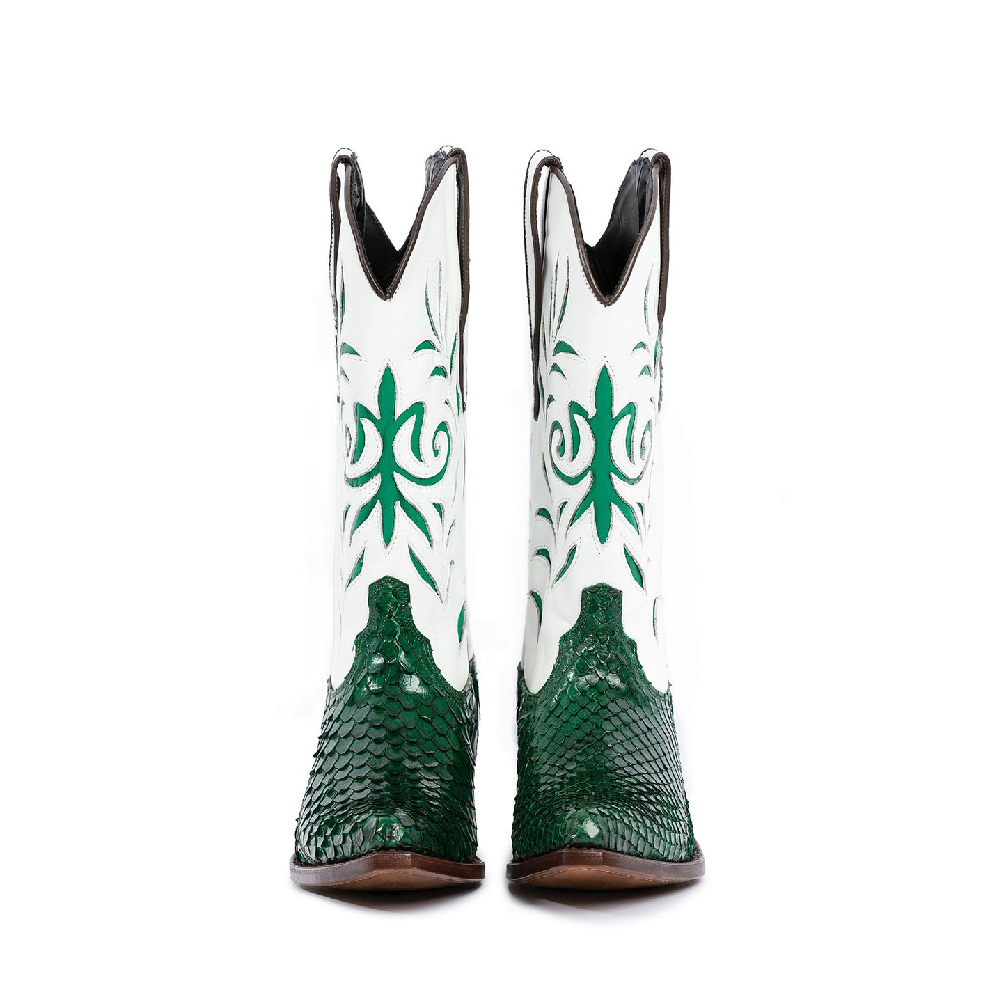 Contrast White And Green Snakeskin Print Pointed-Toe Inlays Mid Calf Cowgirl Boots
