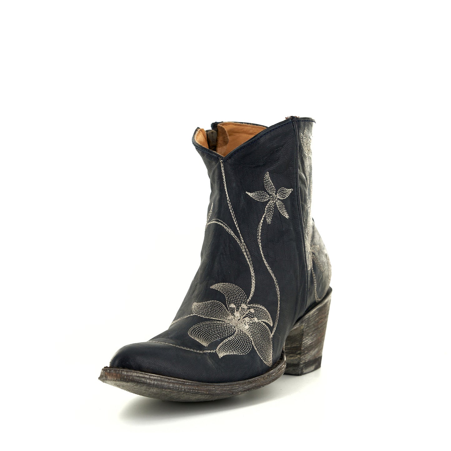 Navy Blue Round-Toe Floral Embroidery Full-Zip Ankle Cowgirl Boots