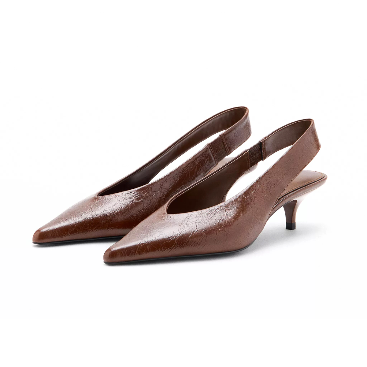 Cognac Pointed-Toe Wide Back Strap Classic Kitten Heels