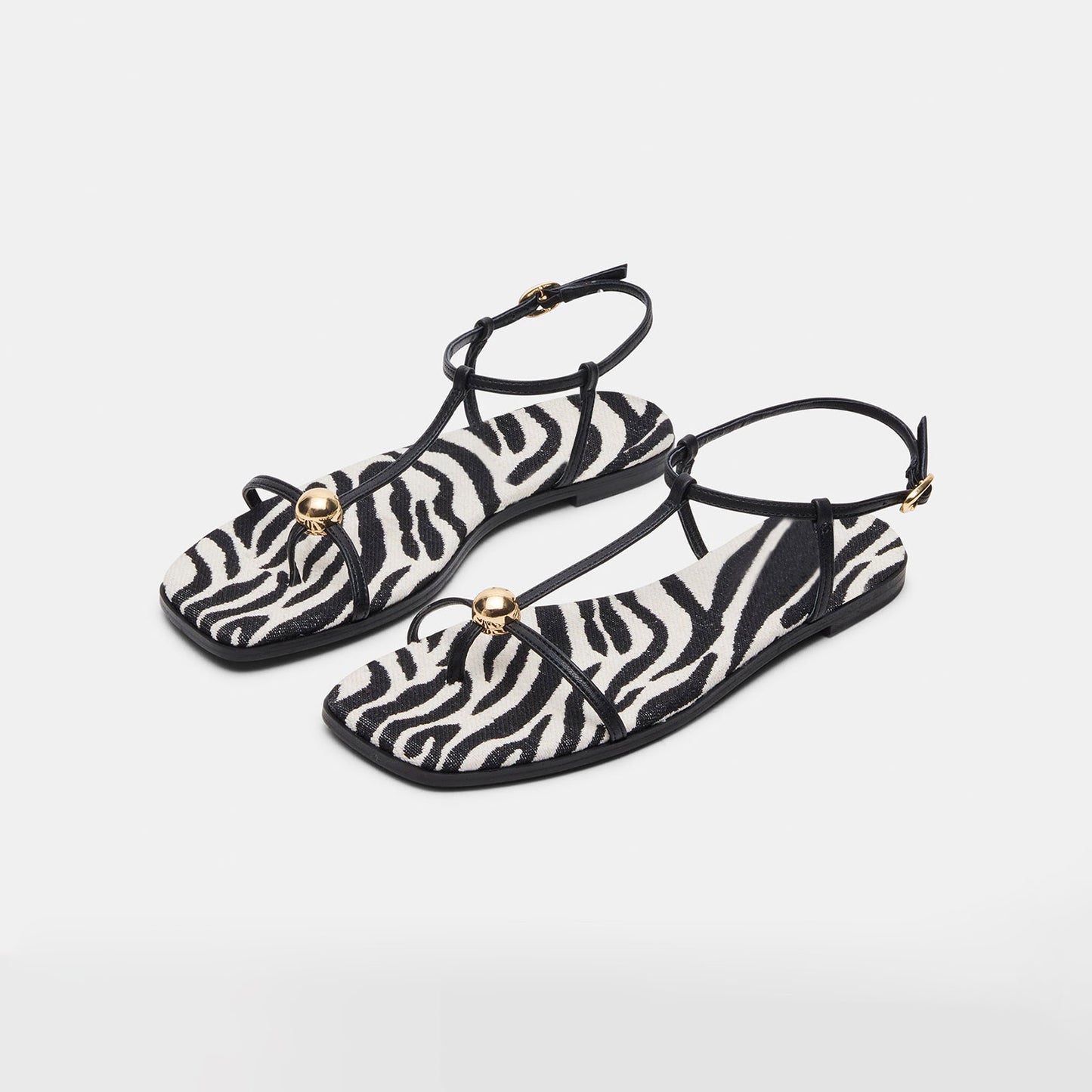 Zebra Pattern Square-Toe Strappy Ankle Strap Sandals Flats