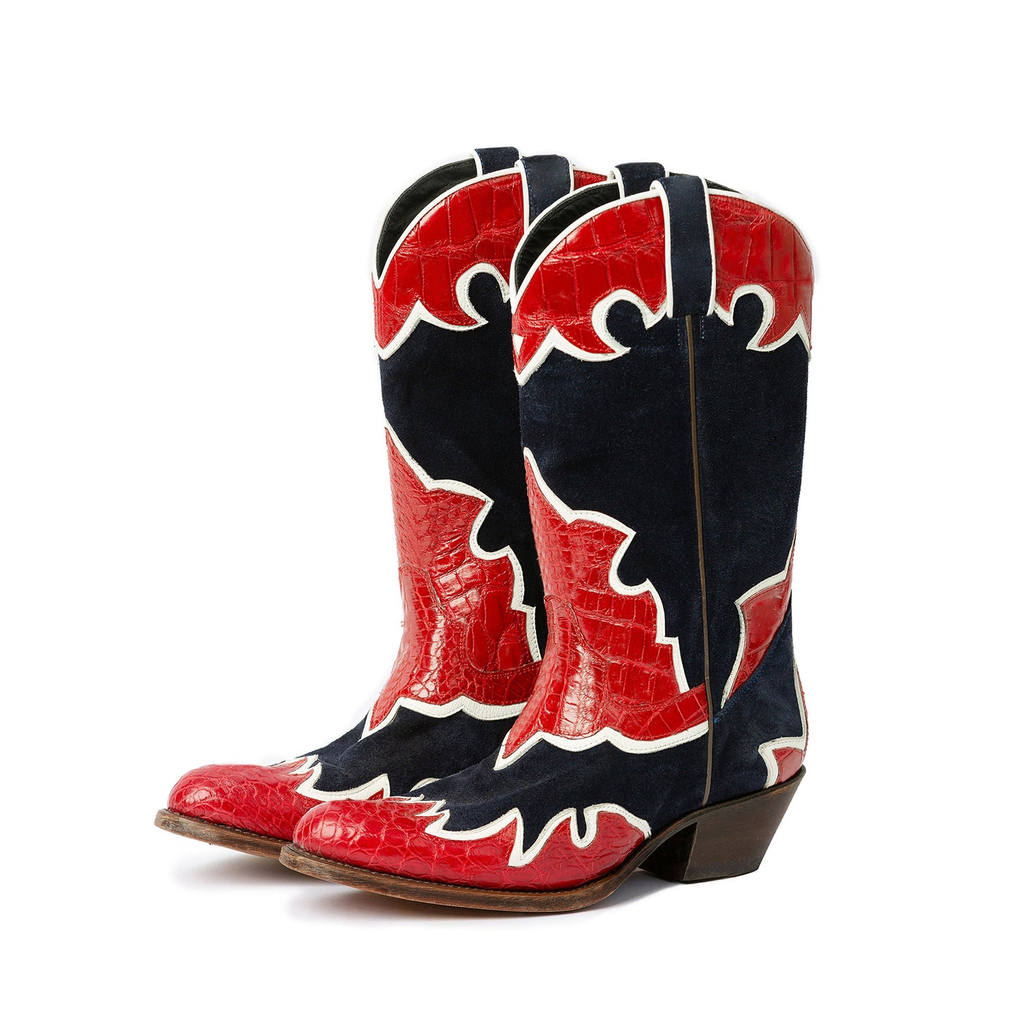 Contrast Tri-Colors Crocodile Print Vegan Leather And Faux Suede Round-Toe Inlays Mid Calf Cowgirl Boots