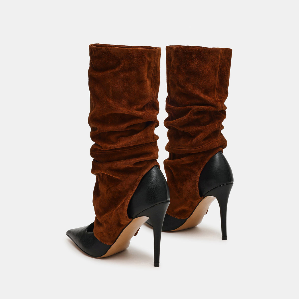 Brown Faux Suede And Black Vegan Leather Pointed-Toe Slip-On Mid Calf Stiletto Boots