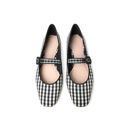 Gingham Satin Square-Toe Bridge Strap Ballet Flats