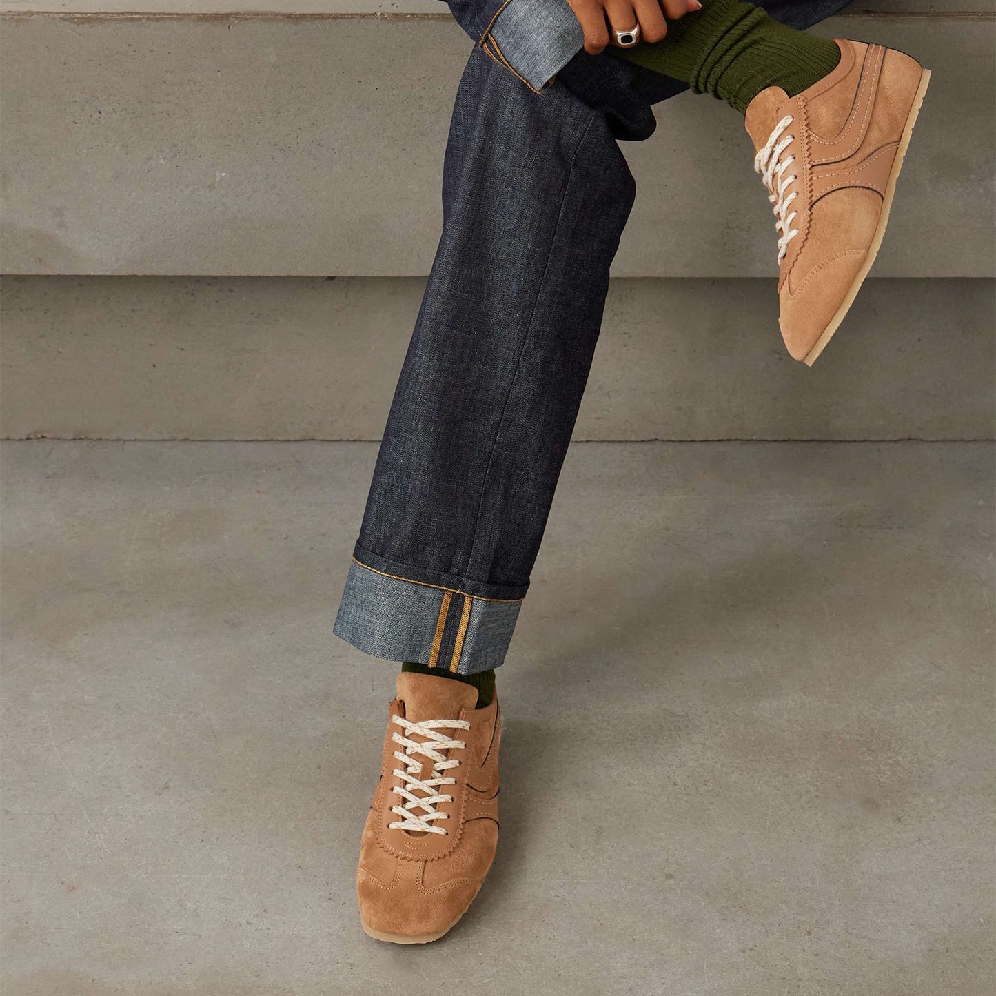 Tan Contrast Faux Suede And Vegan Leather Square-Toe Lace-Up Sneakers Flats