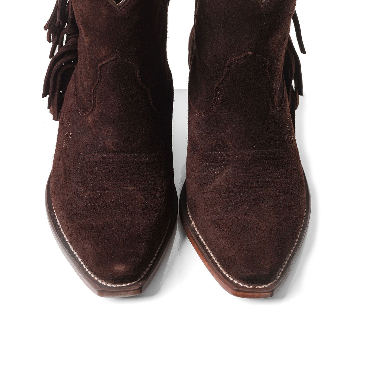 Chocolate Faux Suede Snip-Toe Side Fringe Ankle Cowgirl Boots
