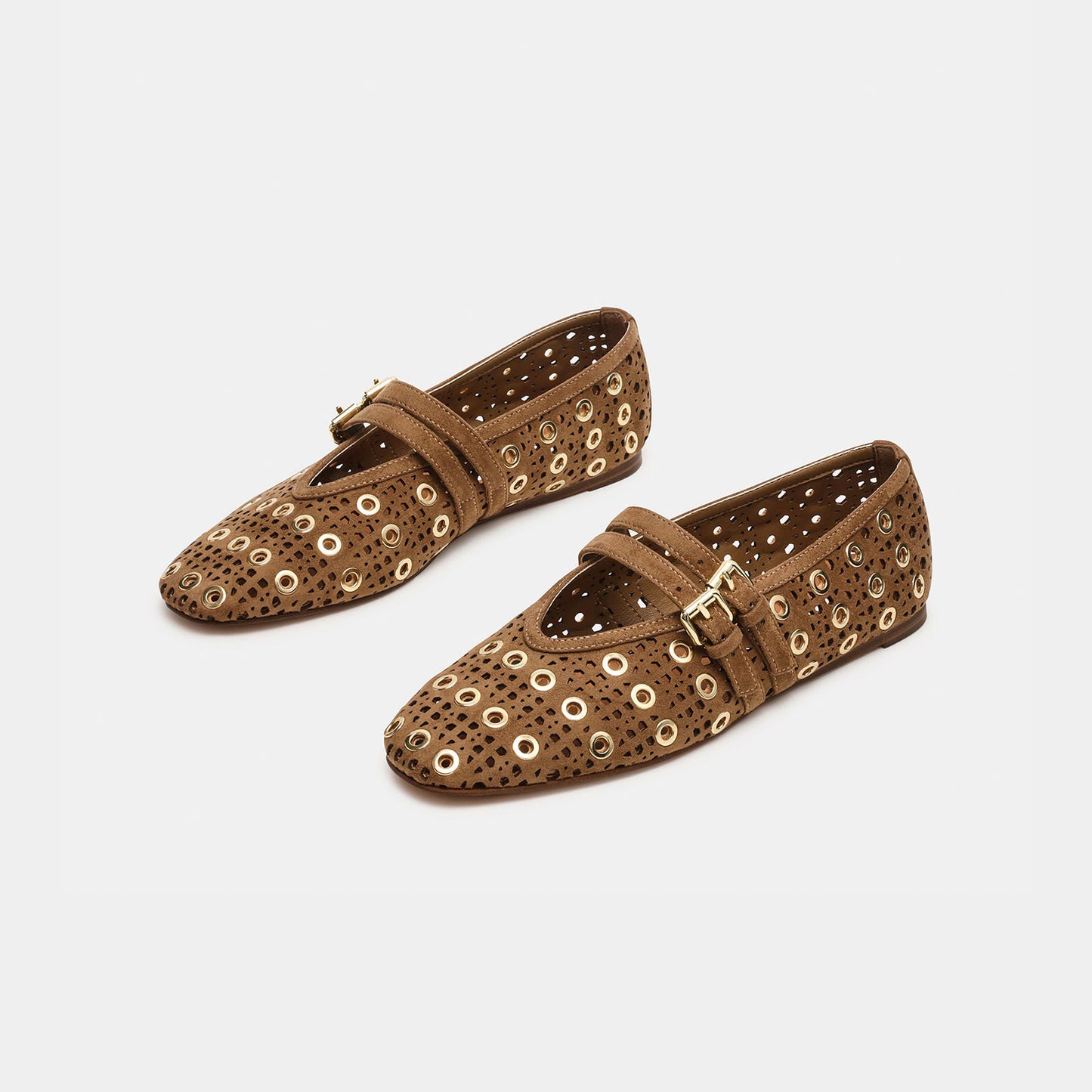 Taupe Faux Suede Square-Toe Cutout And Eyelets Double Mary Jane Flats