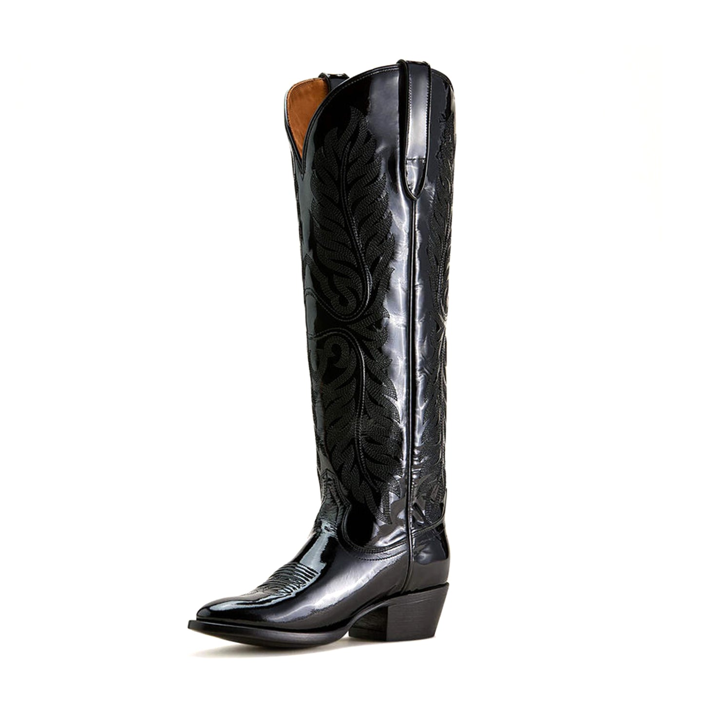 Patent Black Round-Toe Intricate Stitching Wide Calf Knee High Cowgirl Boots