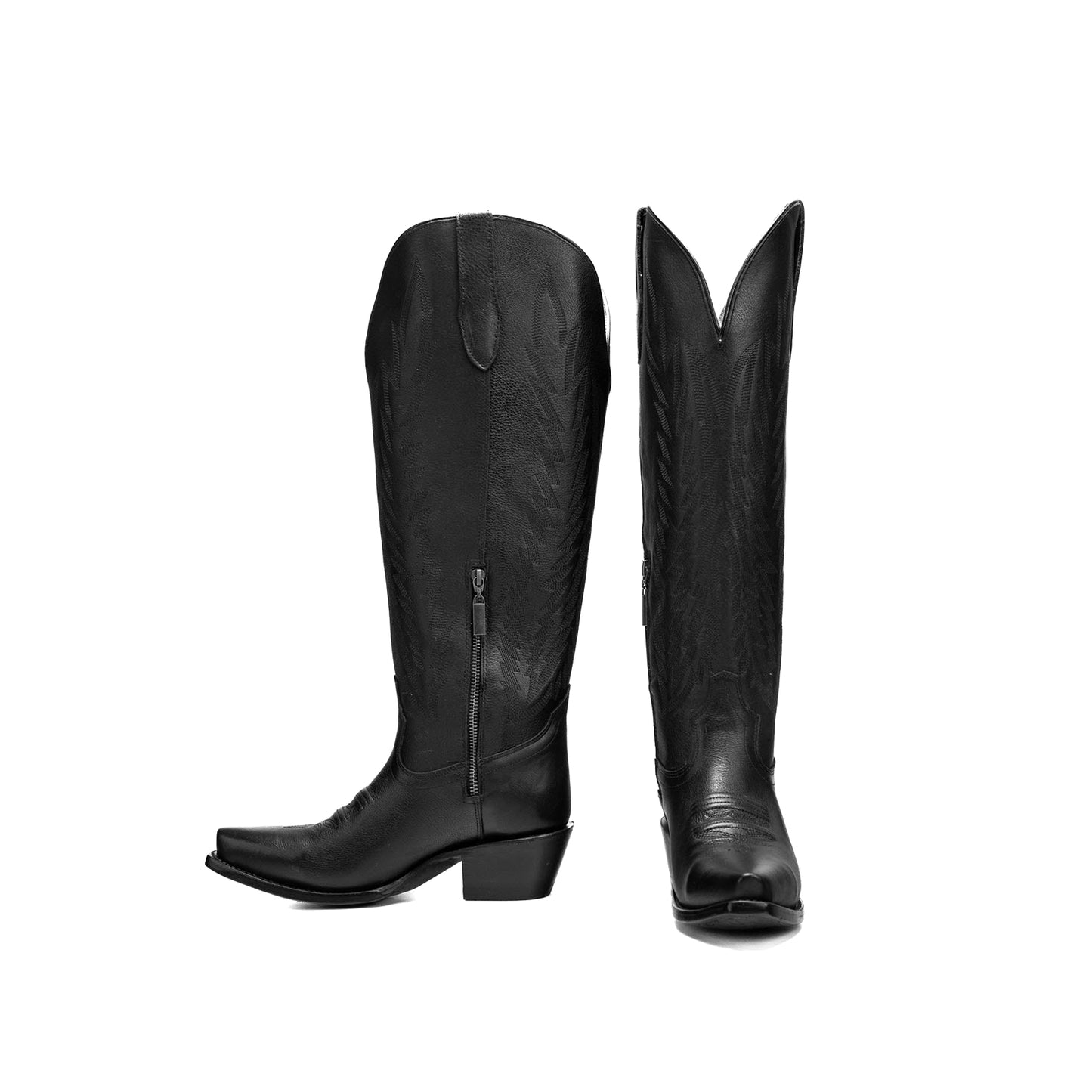 Black Snip-Toe Half-Zip Classic Embroidery Knee High Tall Cowgirl Boots