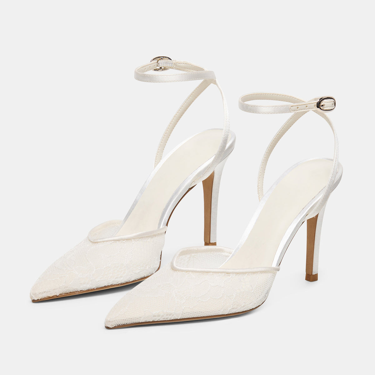 White Lace Mesh Pointed-Toe Satin Back Strap Kitten Heels