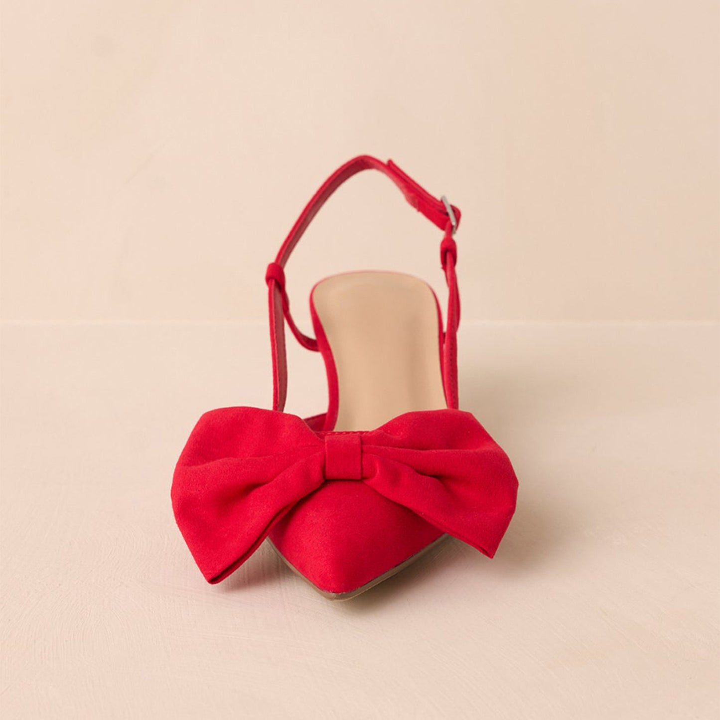 Red Faux Suede Pointed-Toe Front Bow Slingback Kitten Heels