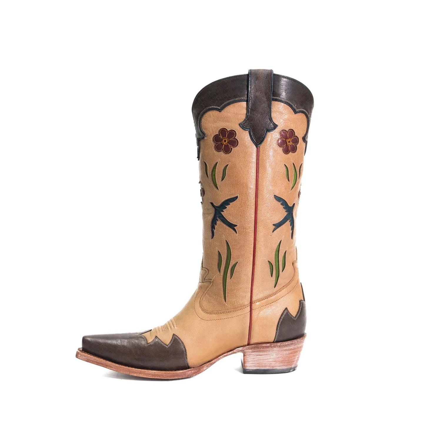 Contrast Camel And Chocolate Snip-Toe Birds Flowers Inlays Mid Calf Cowgirl Boots