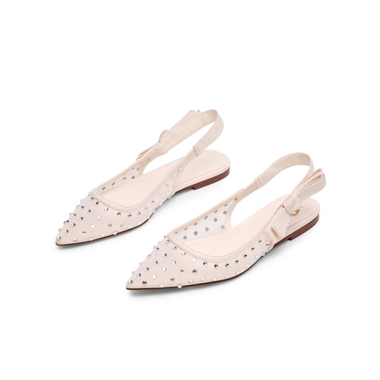 Ivory Mesh Pointed-Toe Rhinestones And Slingback With Bow Flats