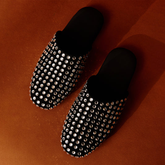 Black Faux Suede Round-Toe Embellished  Slip-on Backless Ballet Flats