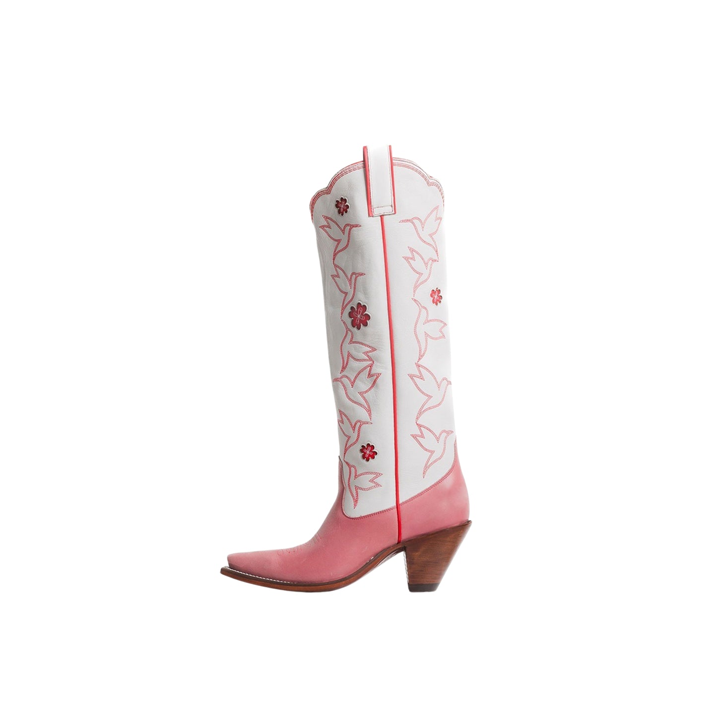 Contrast White And Pink Snip-Toe Birds Embroidery Flowers Inlay Wide Calf Knee High Cowgirl Boots