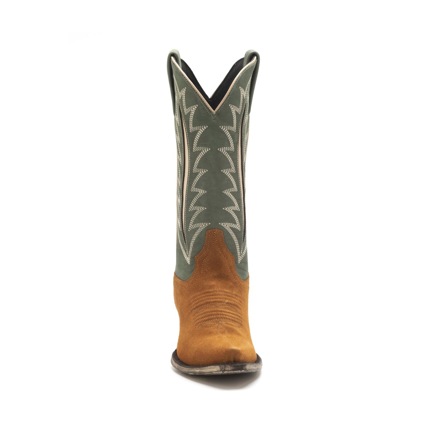 Green Contrast Vegan Leather And Faux Suede Snip-Toe Inlay Embroidery Mid Calf Cowgirl Boots