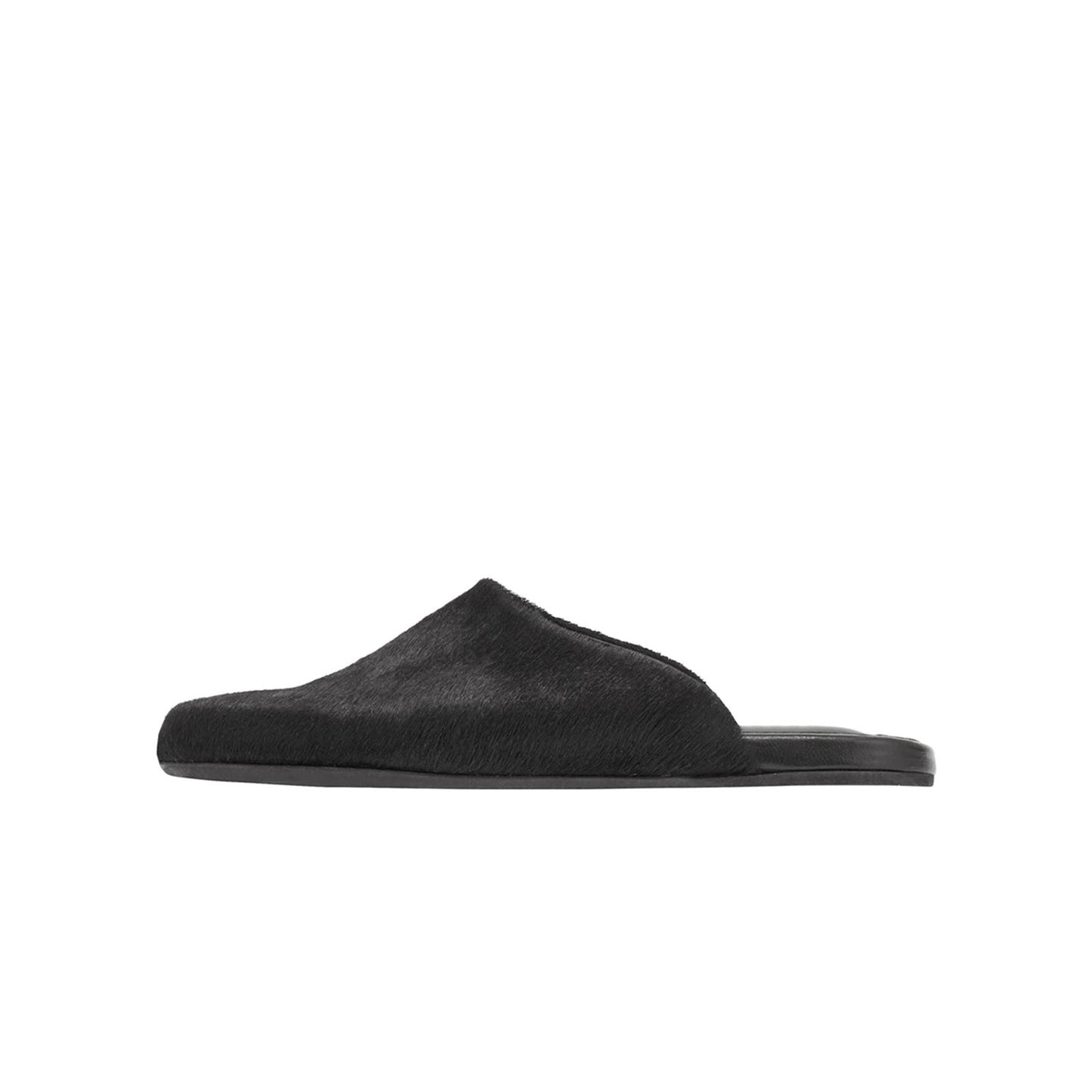 Black Pony Hair Round-Toe Slipper Backless Flats