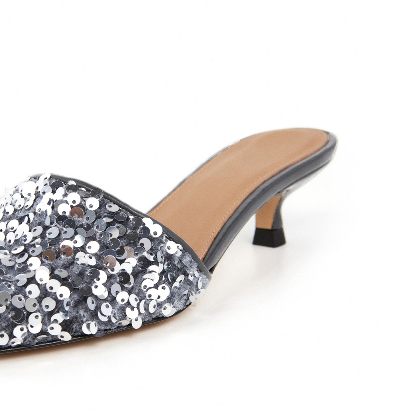 Gray Velvet Pointed-Toe Slip-On Full Sequin Backless Kitten Heels