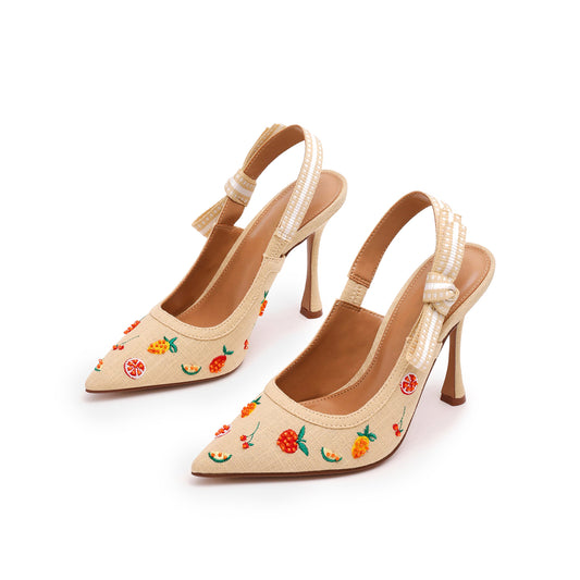 Beige Cloth Pointed-Toe Multiple Fruits Embroidery Slingback With Bow High Heels