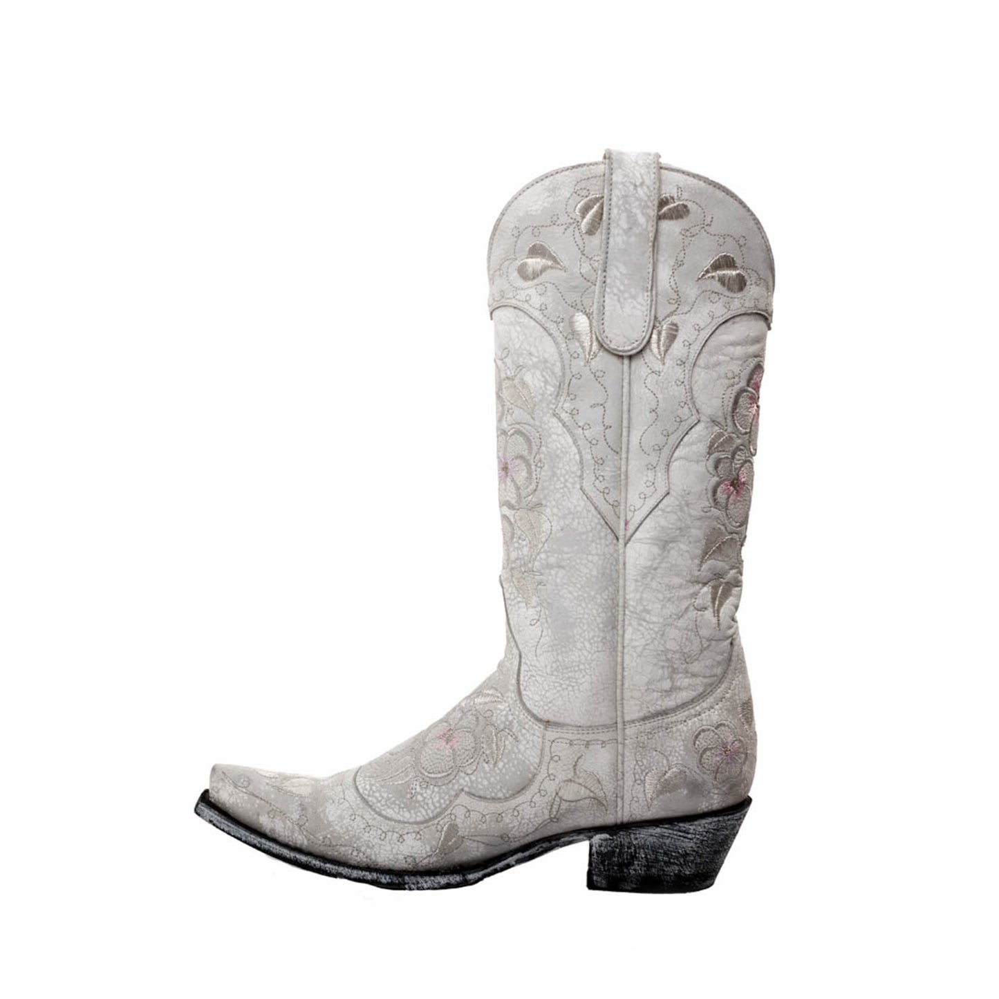 Crinkle White Snip-Toe Florals Embroidery Mid Calf Classic Cowgirl Boots