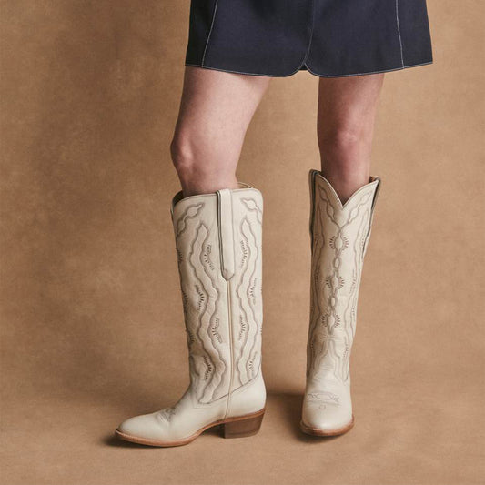 Ivory Round-Toe Classic Embroidery Wide Calf Knee High Tall Cowgirl Boots
