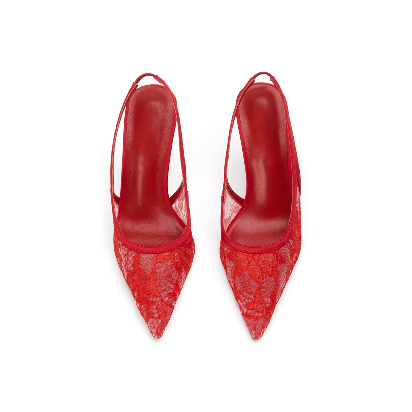 Red Lace Mesh Pointed-Toe Classic Satin Slingback High Heels