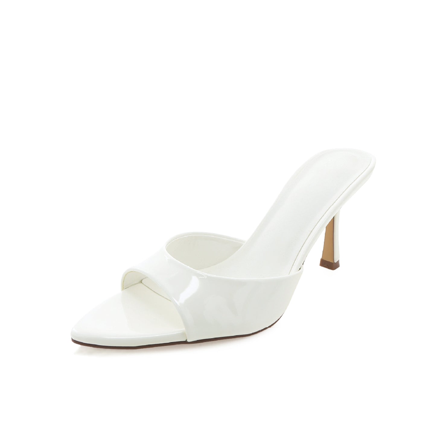 Patent White Open Pointed-Toe Slip-On Backless High Heels