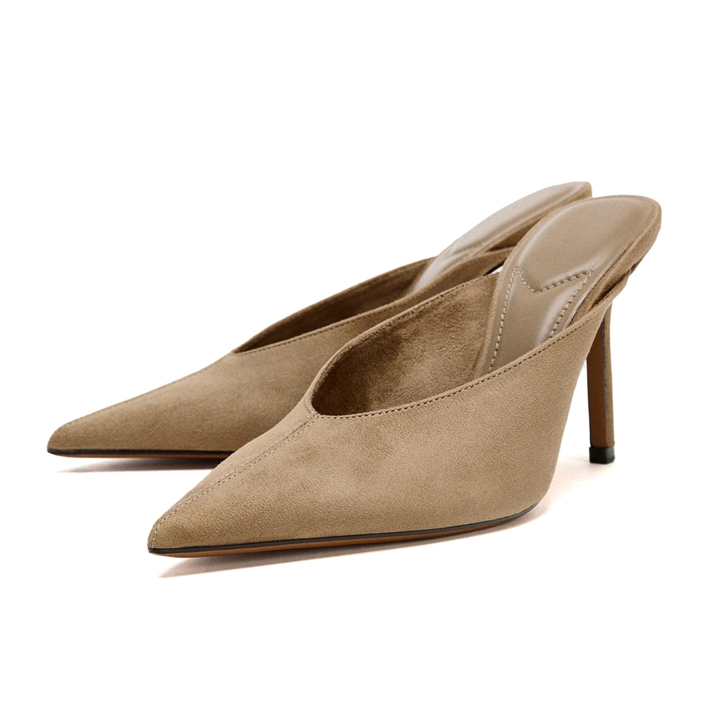 Sandy Brown Faux Suede Pointed-Toe Slip-On Backless High Heels