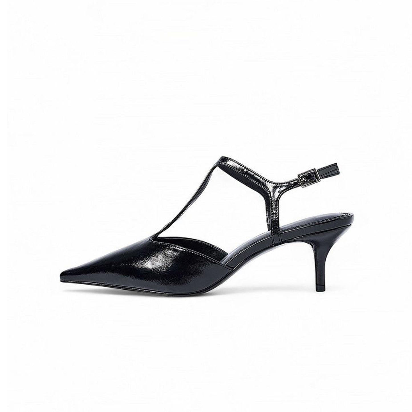 Black Pointed-Toe T-Strap Ankle Strap Kitten Heels Pumps