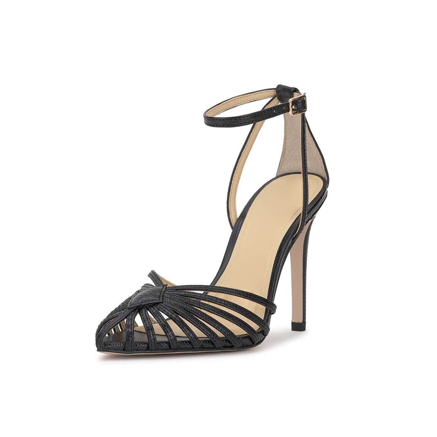 Black Crocodile Print Pointed-Toe Front Strappy Ankle Strap Pumps High Heels