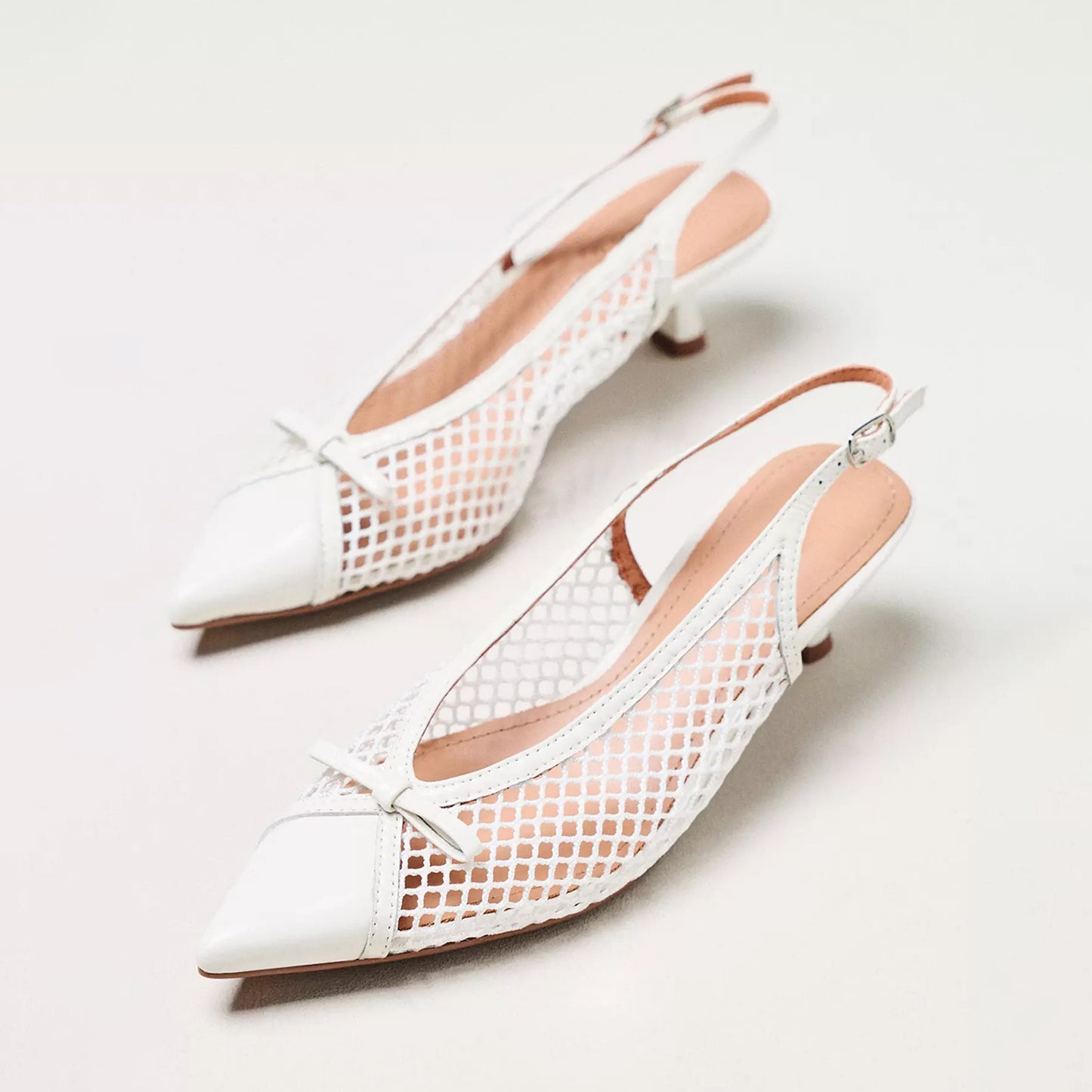 White Mesh Patent Pointed-Toe Front Bow Slingback Kitten Heels