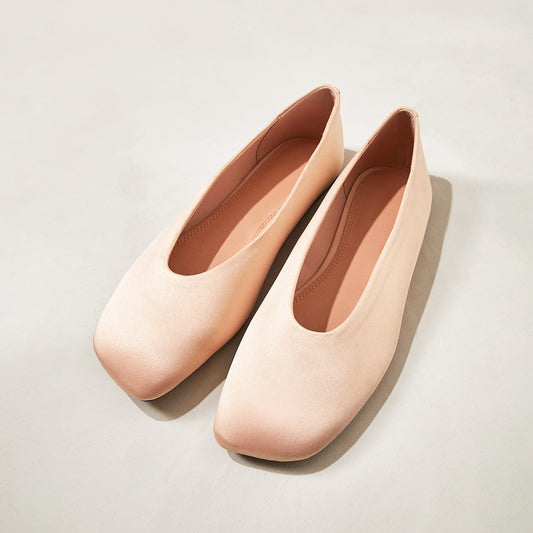 Beige Satin Square-Toe Classic Slip-On Ballet Flats