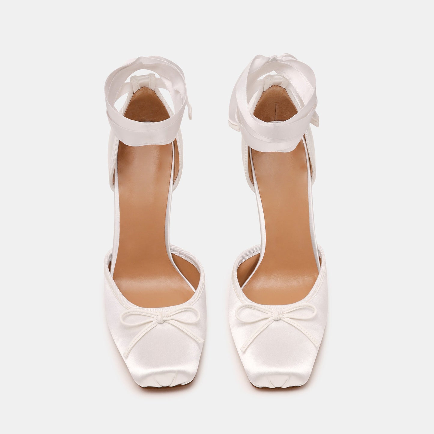 Ivory Satin Square-Toe Front Bow Ankle Strap Slip-On High Heels