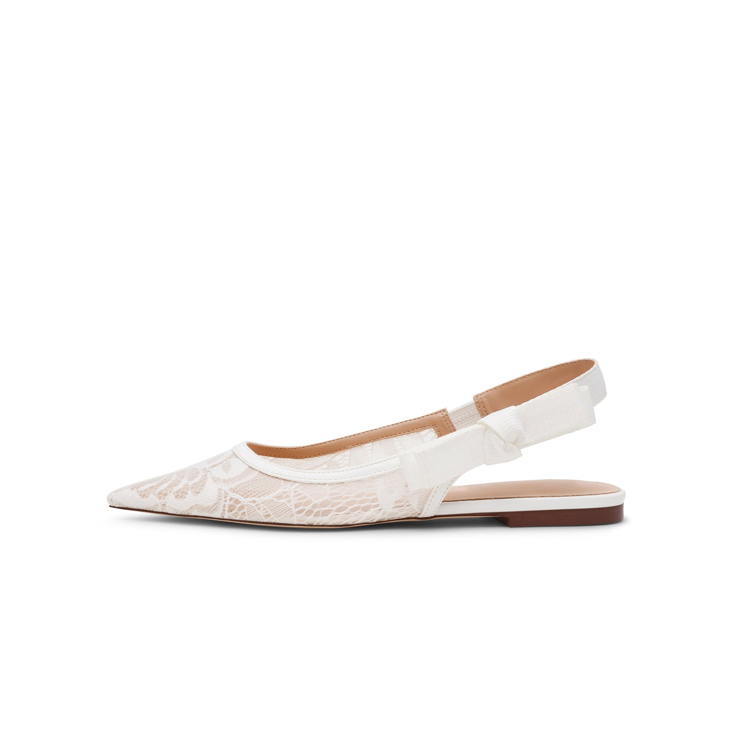 White Lace Mesh Pointed-Toe Slingback With Bow Flats
