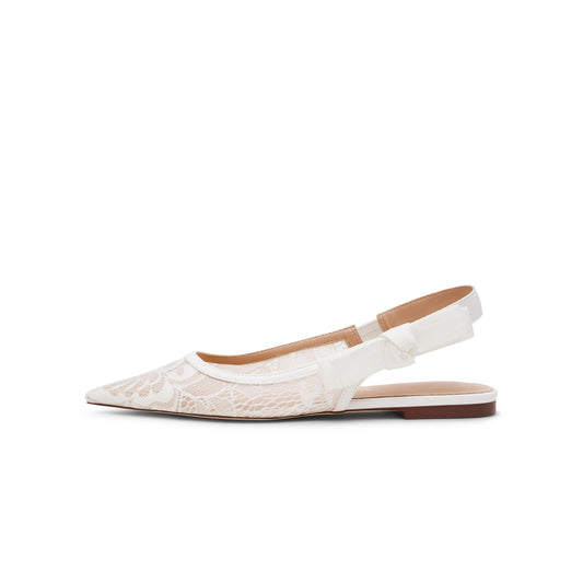 White Lace Mesh Pointed-Toe Slingback With Bow Flats