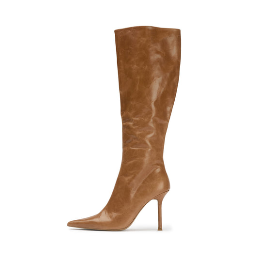 Vintage Tan Pointed-Toe Full-Zip Sleek Knee High Stiletto Boots