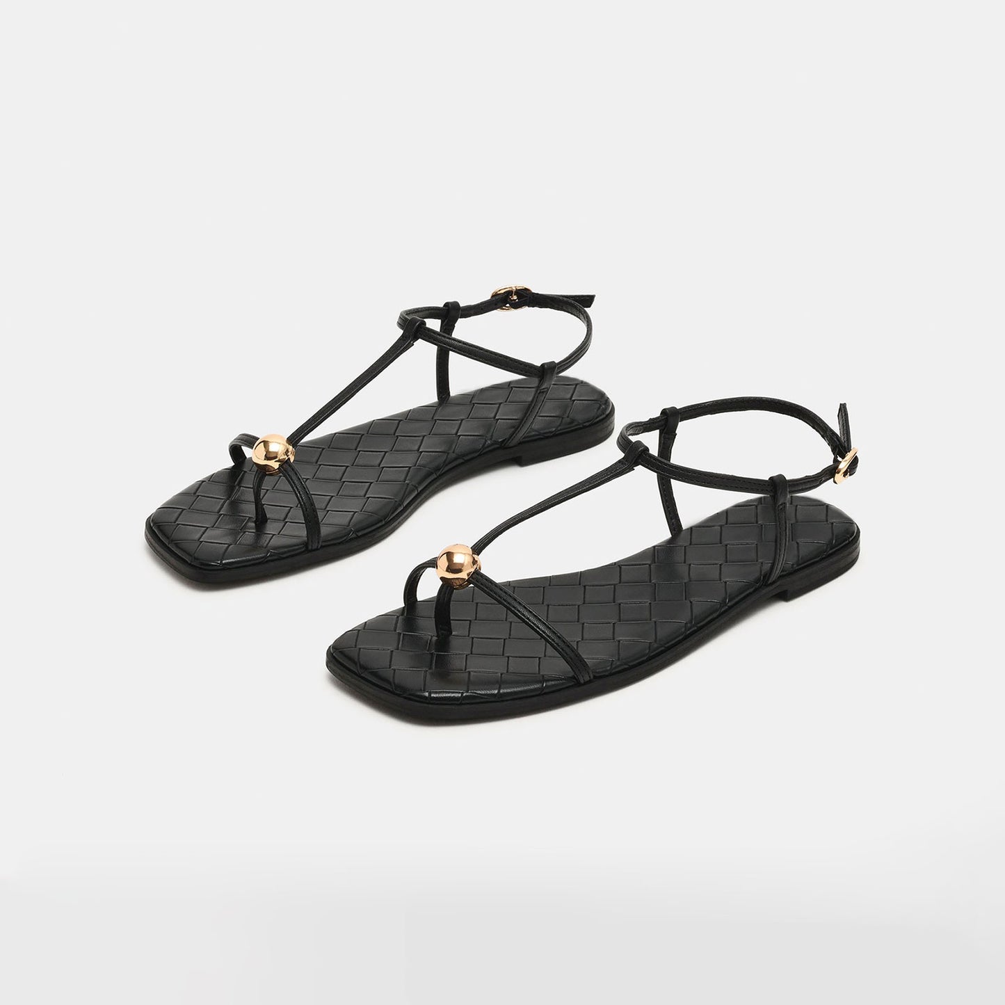 Classic Black Square-Toe Strappy Ankle Strap Sandals Flats