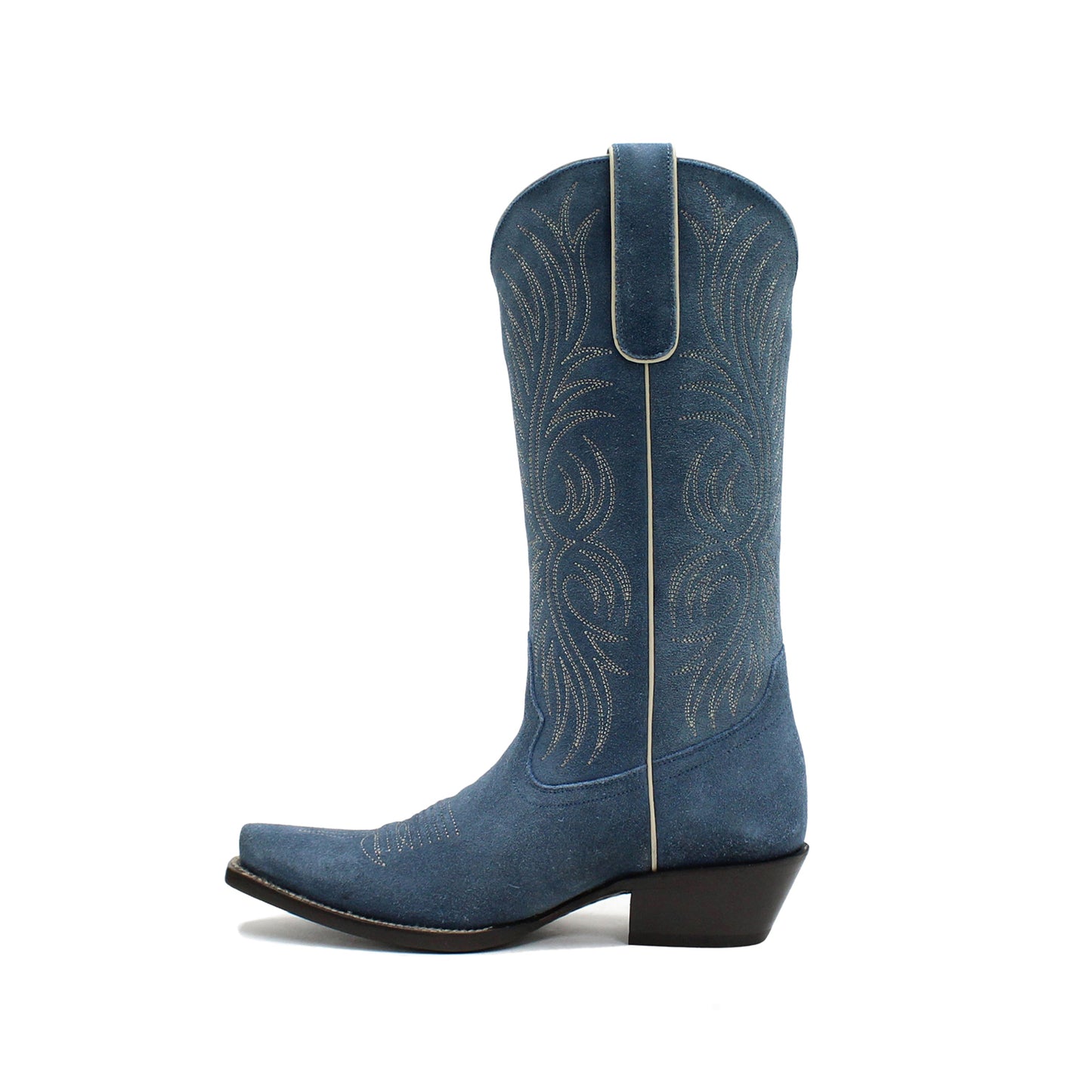 Blue Faux Suede Snip-Toe Western Embroidery Mid Calf Cowgirl Boots