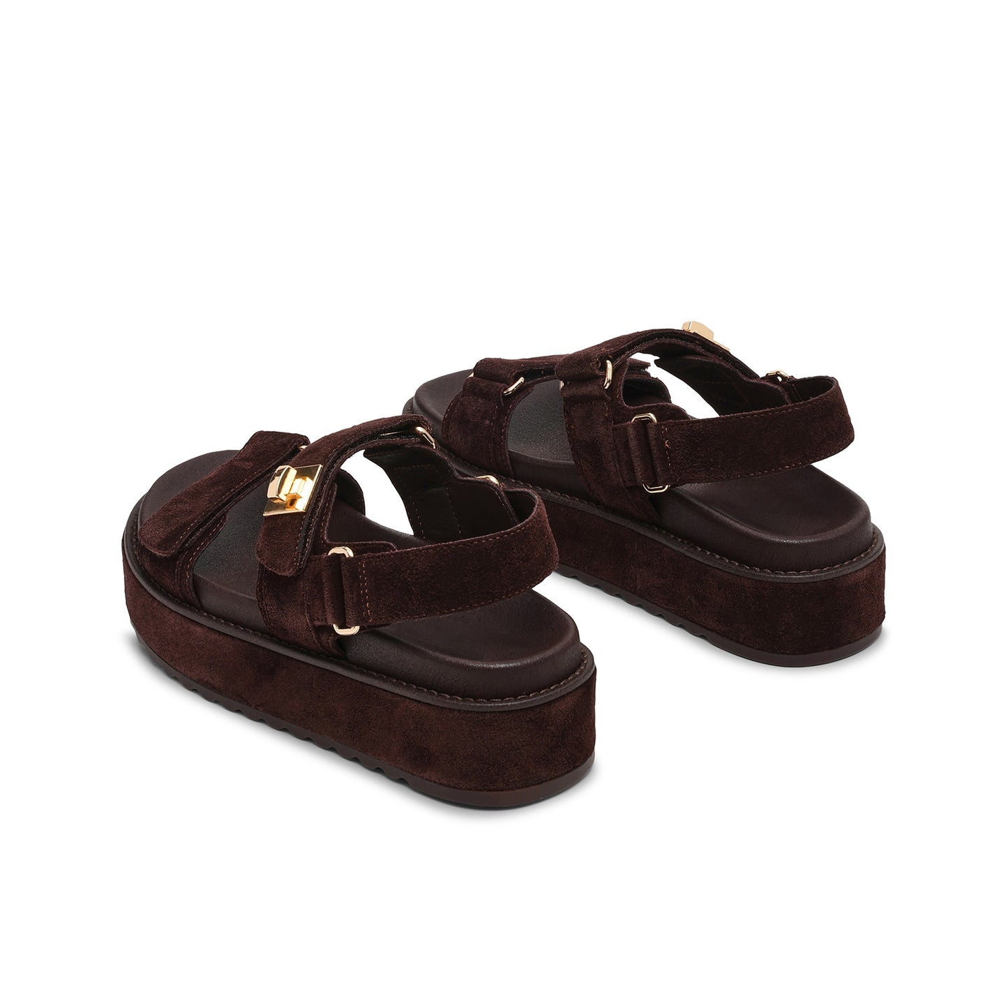 Black Faux Suede Square-Toe Three Straps Sandals Flats