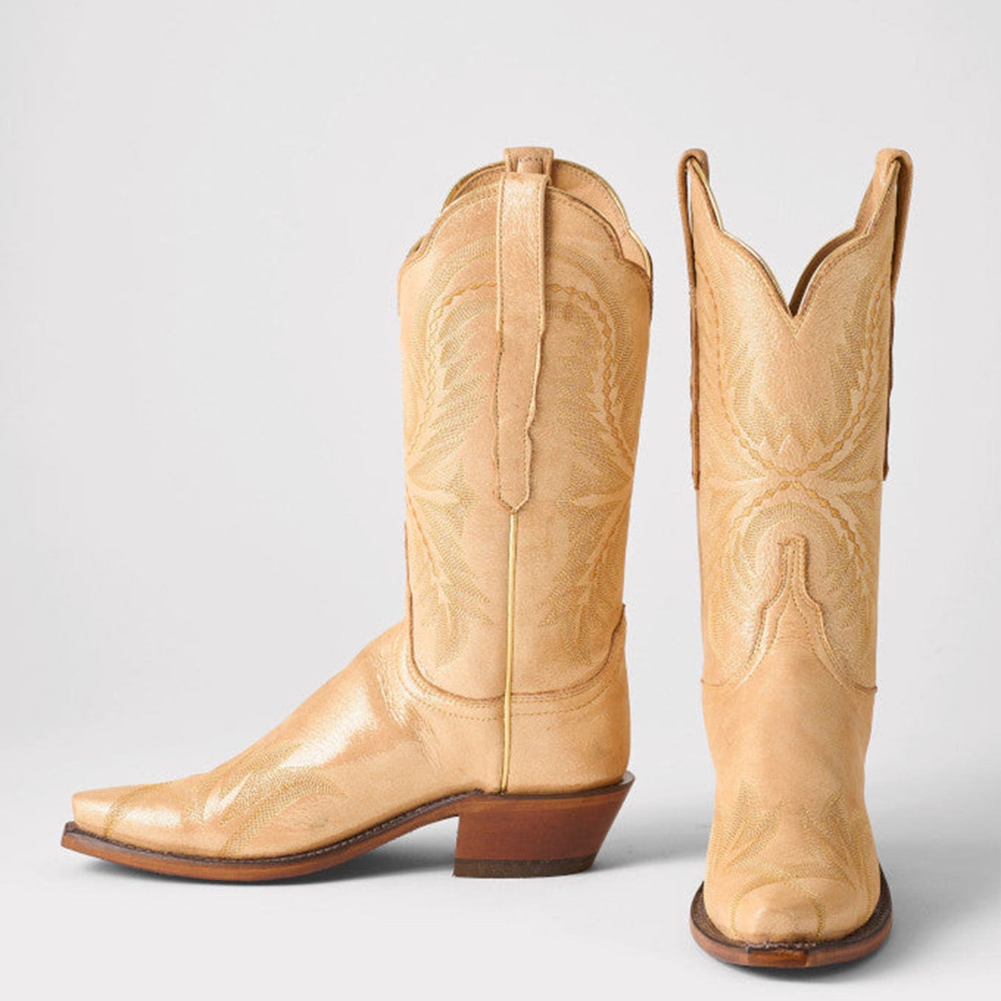 Metallic Champagne Snip-Toe Western Embroidery Mid Calf Chic Cowgirl Boots