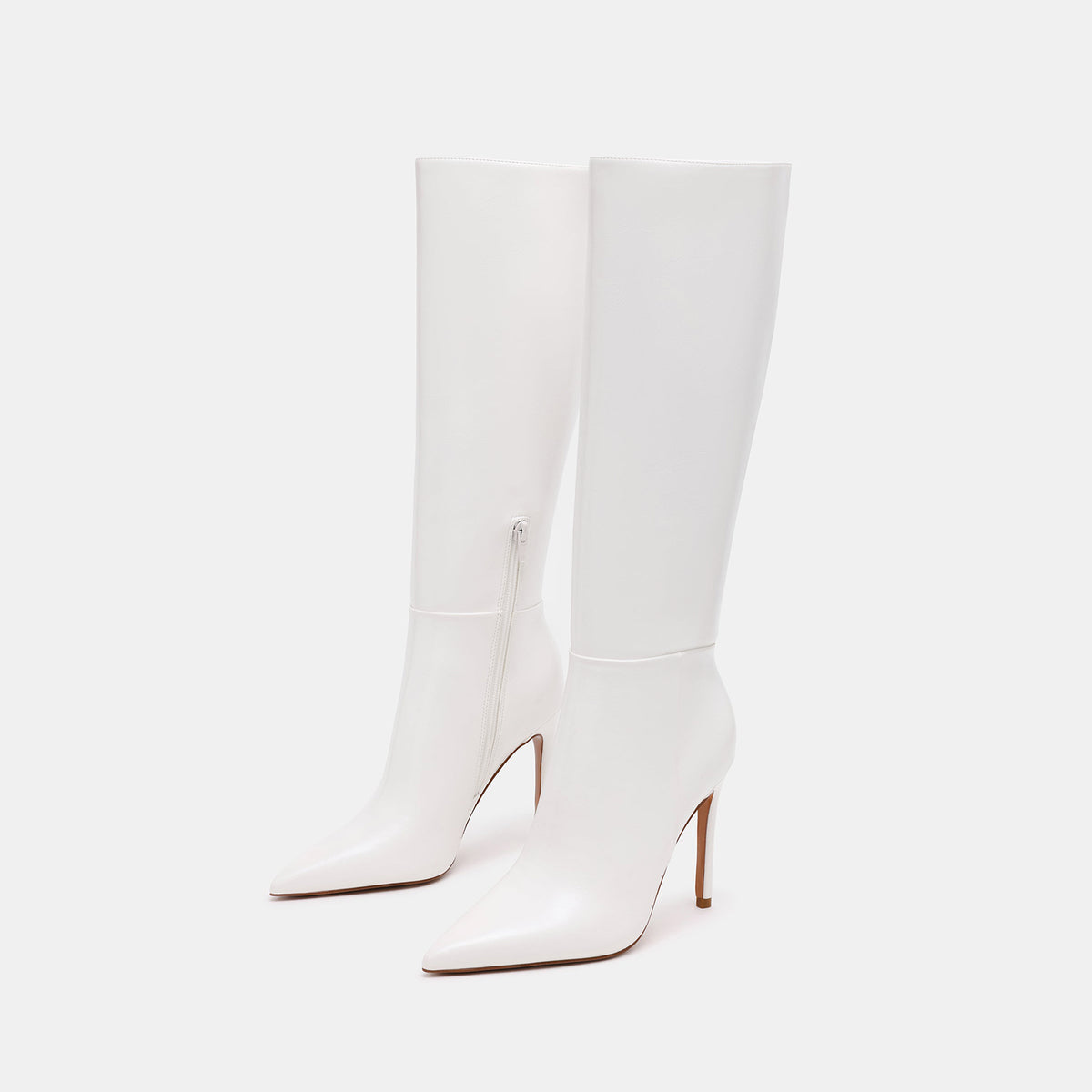 White Vegan Leather Pointed-Toe Simple Half-Zip Knee High Stiletto Boots