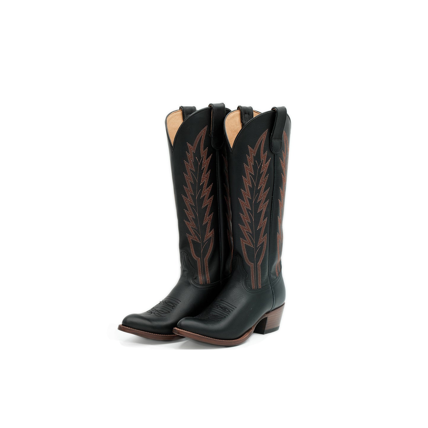 Black Almond-Toe Green Embroidery Wide Calf Knee High Cowgirl Boots