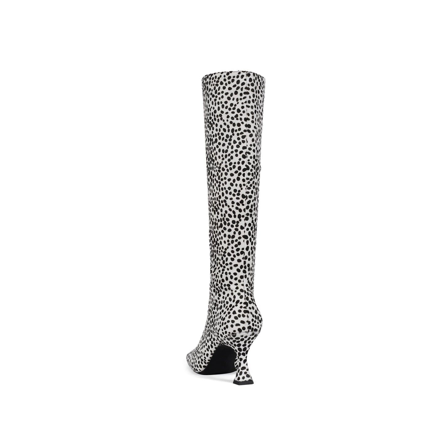 White Pony Hair Print Square-Toe Black Spots Full-Zip Knee High Stiletto Boots