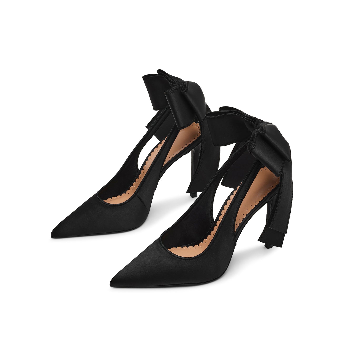 Black Satin Pointed-Toe Slingback High Heels Pumps With Big Back Bow