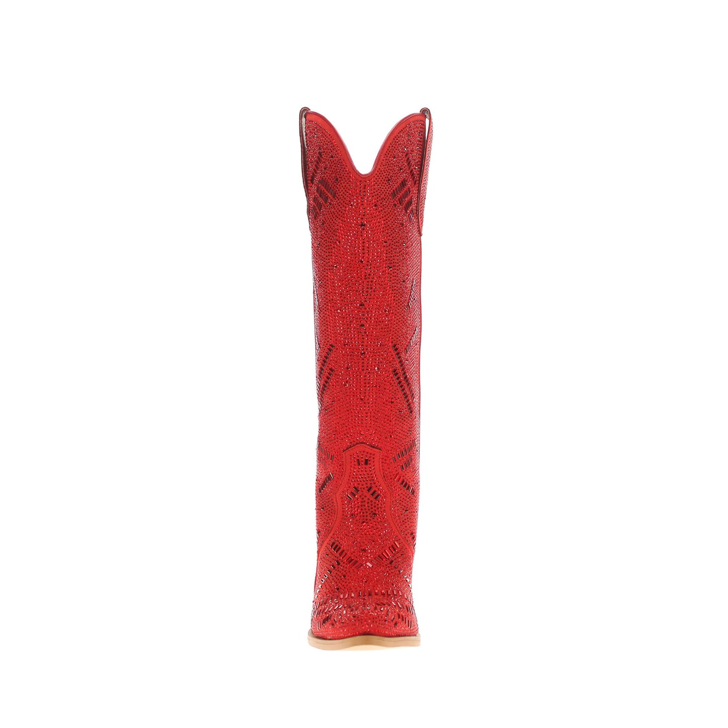 Red Faux Suede Pointed-Toe Full Crystals Wide Calf Knee High Cowgirl Boots
